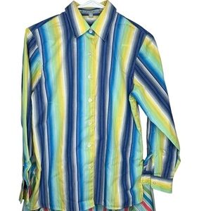 Foxcroft Women’s Stripe Button Front Shirt 4P Blue yellow Wrinkle Free Shape Fit